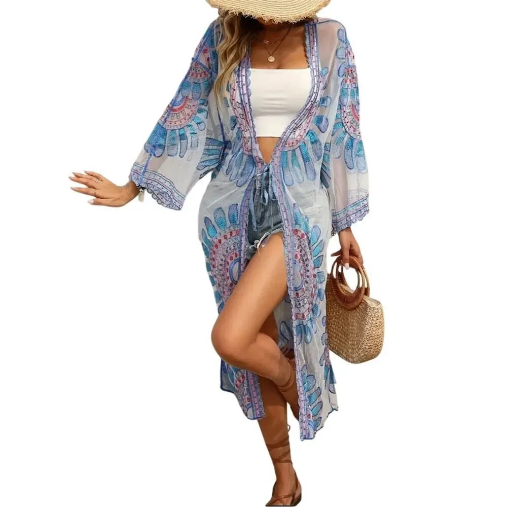 Chic Bohemian Crochet Floral Kimono Cardigan Beach Cover-Up Multicolor - Picture 4 of 12